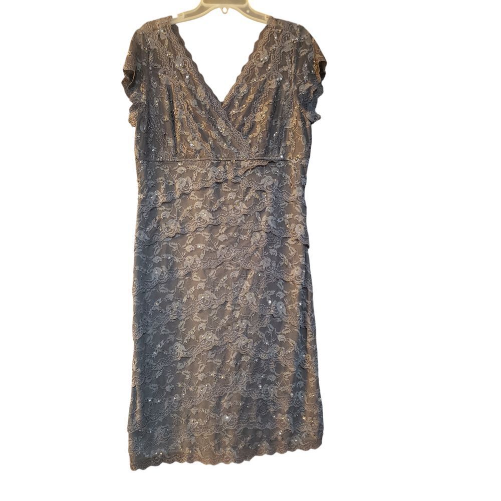Marina‎ Womens Lace and Sequin Sheath Dress Gray 18 VNeck Short Sleeve Pullover